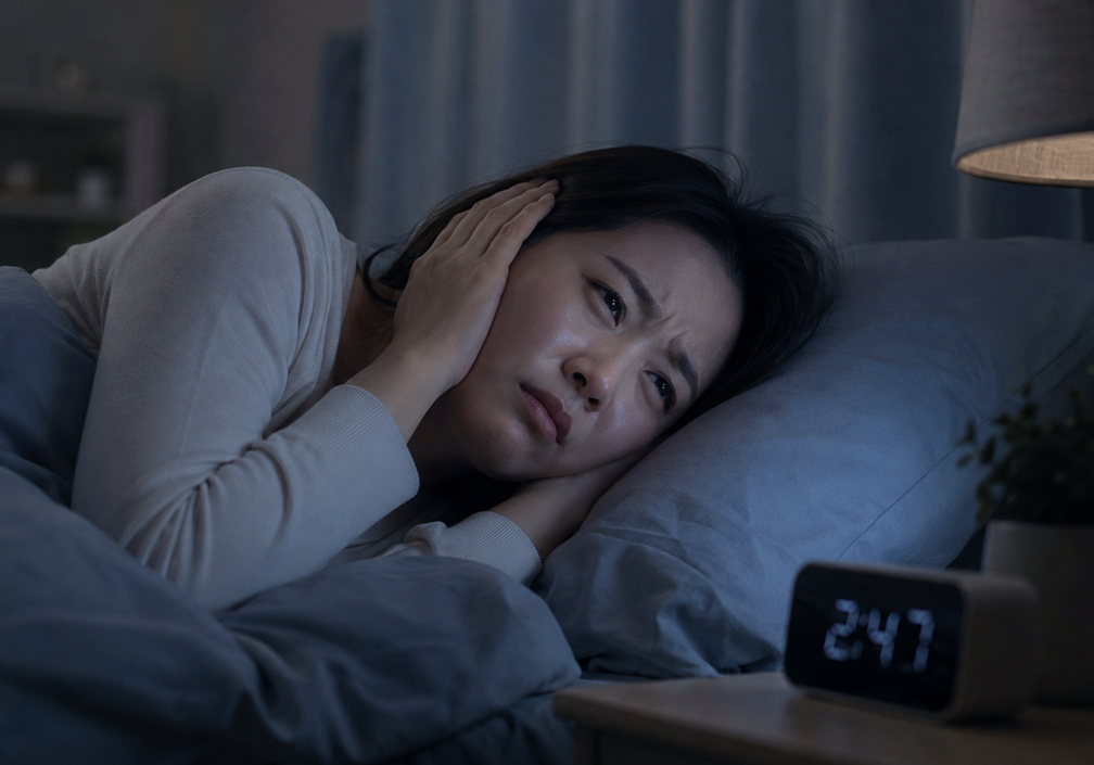 수원 이명 치료 — 밤에 조용한 방에서 소리에 예민해지는 상황을 표현한 이미지