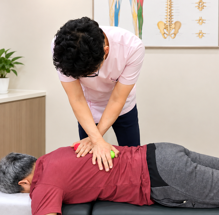수원추나한의원 진료실에서 한의사가 엎드린 환자의 등과 허리에 양손으로 추나요법을 시행하는 장면