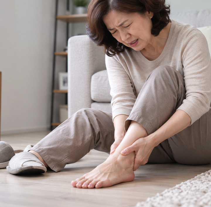 수원발목삐끗 – 발목을 잡고 통증을 느끼는 중년 여성