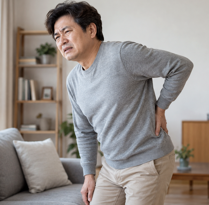 수원만성요추염좌 – 요추염좌로 허리를 잡고 아파하는 남성의 모습