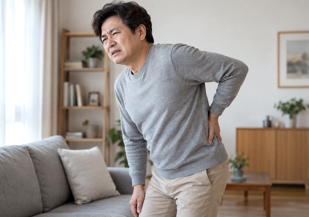 수원만성요추염좌 — 허리를 짚고 있는 모습