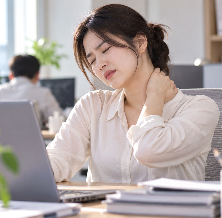 수원목디스크증상 – 일상생활 중 목을 잡으며 통증을 호소하는 여성