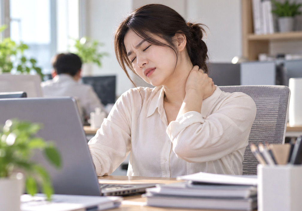 수원목디스크증상 — 진료실에서 한의사가 환자의 목과 어깨 불편을 상담하는 장면